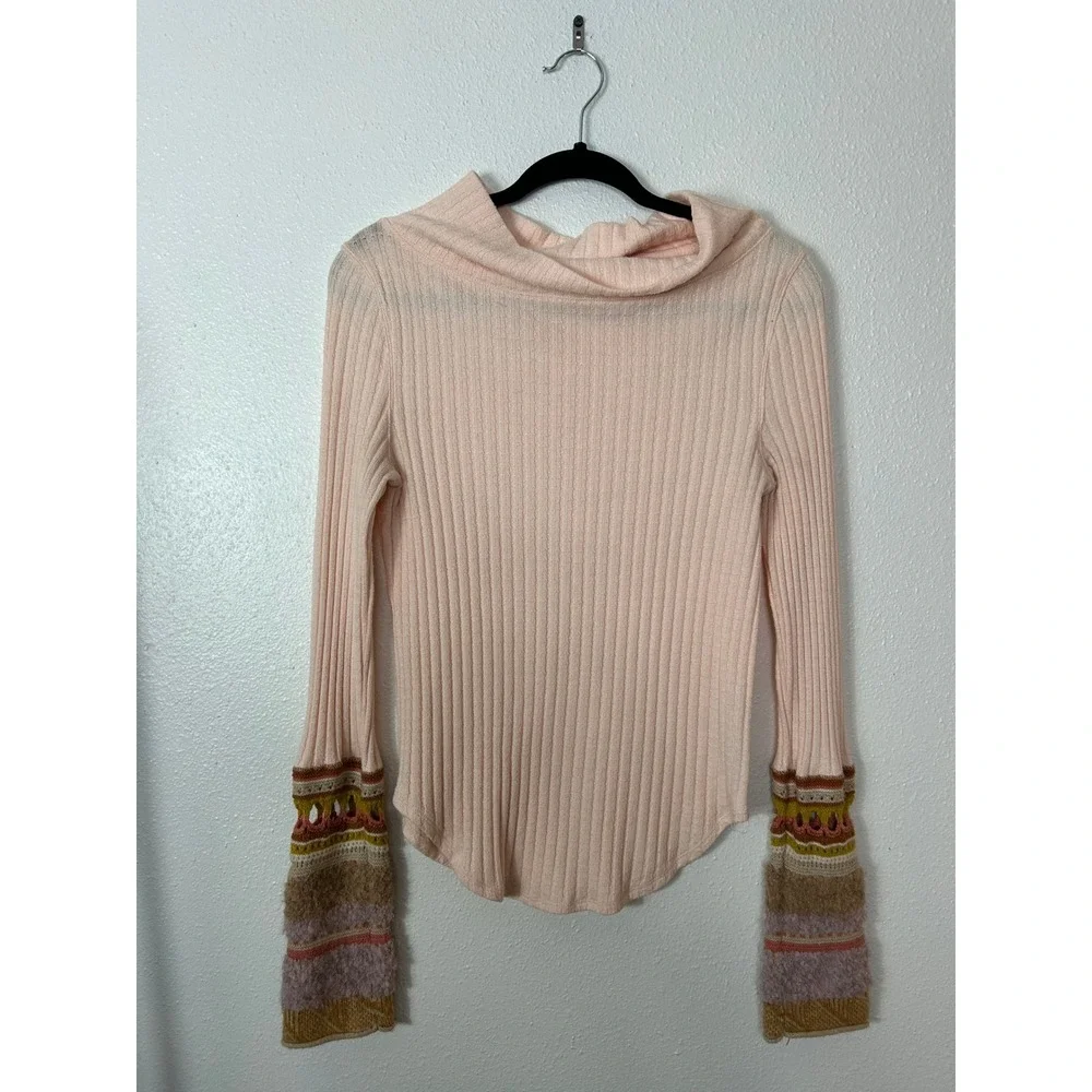Free People Mixed up Cuff Thermal Sweater Top Peach Large Boho